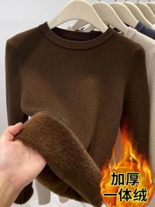 Thickened Fleece Womens Knitted Sweater round Neck Inner Wear Base Shirt Slim Fit Warm Top Autumn Winter New Arrival One-Piece Velvet