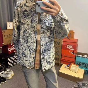 Spring Autumn New Style Mens Denim Jacket Loose Fit Heavy Embroidery Floral Design Casual Outerwear Korean Fashion