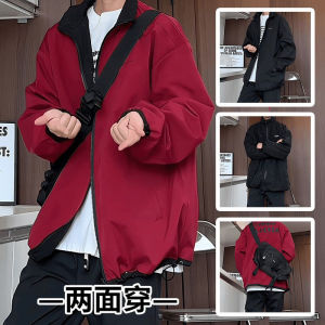 แจ็คเก็ตผู้ชายสีแดงม่วง ทรงสั้น ทรงหลวม แจ็คเก็ตสไตล์อเมริกัน ป้องกันลม กันน้ำ แจ็คเก็ตฤดูใบไม้ผลิและฤดูใบไม้ร่วง