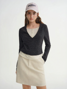 DUSHU | Color Blocking Layered Illusion Two Piece Slimming Casual Tops