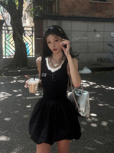 French Hepburn Style Mini Dress Womens Design Sense Waist Cinching Sleeveless Flower Bud Short Skirt Summer Fake Two-Piece Dress