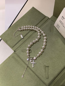 CAFFTI | Elegant Gold and Silver Iris Cross Pendant Pearl Necklace for Women