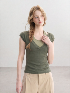 QIAOJIAOYA | Slim Fitting V-Neck Camisole Style Short Sleeves T-Shirt