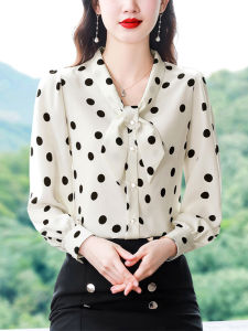 Áo Sơ Mi Lụa Dài Tay Cho Nữ Mùa Xuân Mới Họa Tiết Chấm Bi Thắt Nút Bướm Cao Cấp Lụa Tơ Tằm Áo Sơ Mi Cổ Chữ V Tay Lỡ