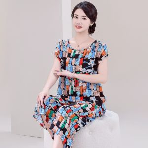 Bộ Đồ Ngủ Cotton Lụa Nhân Tạo Mùa Hè Cho Phụ Nữ Quần Ống Rộng Tay Ngắn Quần Dài Đến Đầu Gối Cho Mẹ Trung Niên Và Người Cao Tuổi