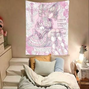 VIKAMA Pink Lolita Girl Strawberry Glasses Wall Tapestry Anime Kawaii Cute Sweet Home Decor Retro Style Soft Durable Cozy Gift
