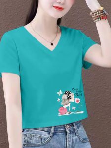 เสื้อยืดแขนสั้นผ้าฝ้ายคอวีสําหรับผู้หญิงสไตล์ฤดูร้อนใหม่เวอร์ชั่นเกาหลีขนาดใหญ่หลวมพอดีแลดูผอมลําลองพิมพ์ด้านบน