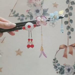 Trâm cài tóc gỗ gắn hoa ngọc tua rua nhiều mẫu cài tóc gỗ mun hoa lá phong cách cổ trang