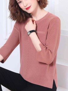 Spring Autumn Knitted Seven Sleeve Loose Large Size Thin T Shirt Womens Base Shirt Short Parka Coat Commute Style Regular Length