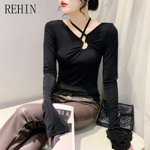 REHIN Spring new V-neck long-sleeved T-shirt hollow tie t-shirt female Slim bottoming shirt elegant women blouse