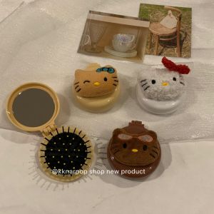 Portable Folding Massage Comb with Mirror Cute Mini Cosmetic Brush Kknar Kitty Cat Airbag Comb Personal Hygiene Tool