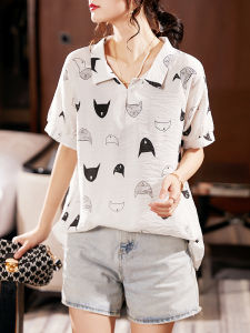 Sumu European Station Plus Size Womens Clothing New Summer Fashion Printing Lapel Shirt Loose Figure Flattering Short Sleeve Top Womens