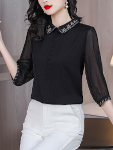 เสื้อเชิ้ตผ้าชีฟองคอปกปิดกระดุมสไตล์ย้อนยุคสำหรับผู้หญิง ฤดูใบไม้ผลิและฤดูร้อน ทรงหลวม แขนยาวสามส่วน ปักลาย เสื้อผ้าทำงาน