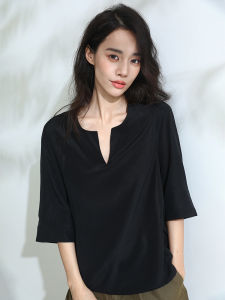 Miccbeirn | 100% Silk V-neck T-shirt Double Gauze Fashionable Simple Color Commute Casual Skin-friendly Pure Color Silk T-shirt