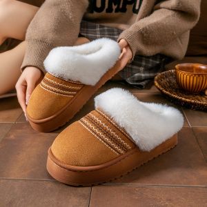 2024 New Style Womens Suede Cotton Slippers Indoor Home Use Thick Bottom Trendy Furry Cotton Slippers Anti-Slip PVC Sole