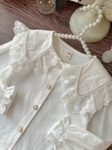 Girls French Lace Trim Shirt Pure Cotton Baby Doll Collar Top Spring Autumn Sweet Style Childrens Clothing Baby Doll Shirt