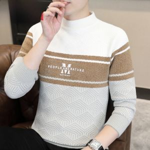 HENGYUANXIANG | เสื้อสเวตเตอร์คอปกสูงแบบหนาสำหรับผู้ชาย ทรงหลวม แขนยาว ลายทาง สวมใส่ได้ทุกวัน เสื้อชั้นใน อบอุ่น ฤดูใบไม้ร่วง/ฤดูหนาว