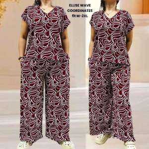 Vneck top & Square Pans Coordinates wave print fit M-2XL Bark Crepe Fabric
