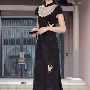 Đầm Cheongsam Voan Thêu Hoa Ren Dài Tinh Tế Giảm Cân Size Lớn