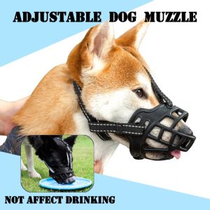 Adjustable Dog Muzzle with Reflective Strip Flexible Silicone Anti-Biting Breathable Plastic Dog Mouth Cover Can Drink Water