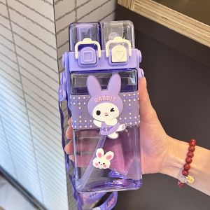 Portable Childrens Square Water Bottle with Straw Kindergarten School Bag Special Use Drink Jug Cute Style PC+PP+Silicone