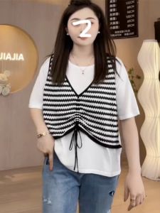 Plus Size Womens Clothing Fake Two-Piece Drawstring Shoulder Knitting T-Shirt Women Plus Size Ladies Slim Fit Slimming Loose Short Sleeve Summer Tops