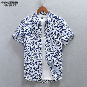 Blue Floral Print Short Sleeve Pure Cotton Summer Shirt Mens Lightweight Casual Fashion Big Size Standard Fit Sharp Collar