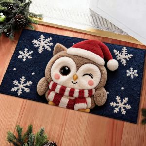 VIKAMA Snowman Christmas Door Mat Blue Snowflake Print Non Slip Rug For Entryway Front Door Indoor Outdoor Winter Decor