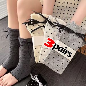 3Pairs Retro Polka Dot Bow Leg Warmers Cotton Knitted Foot Cover Long Stockings Y2K Ballet Style Knee Socks JK Sweet Girls Hosiery