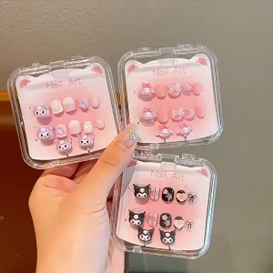 Childrens Nail Cartoon Kuromi Melody Cinnamoroll Fake Nail Ear Clips Gift Set For Kids Girl With Exquisite Transparent Box Nail Stickers