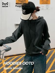 Miiow | Loose Fitted Hoodie Womens Inner Wear Grey T-Shirt Cat Person Casual Style Long Sleeve Commute Friendly Solid Color