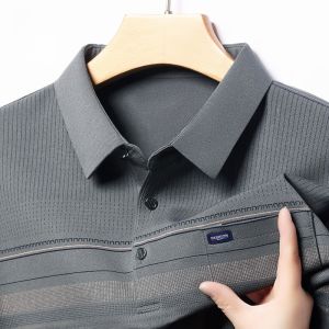 ROMON | Lormen Mens Long Sleeve Striped Polo Shirt Casual Pure Cotton Business Style Autumn New Fashion Dad Clothes