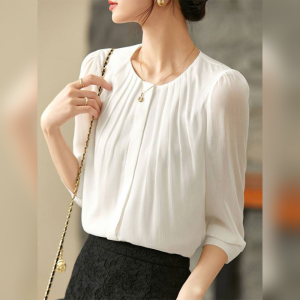 YUFUQING | Casual Chiffon Blouse Womens Spring 2025 New Fashion Elegant Pleated Design Round Neck Seven-Sleeve Shirt Polyester Fiber