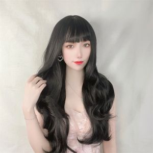 Wig Dark Brown Wanita Long Curly Hair Import Korean style Ladies High Quality
