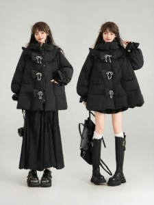 Keiko | Heavyweight White Duck Down Bow Detail Black Cloak-Style Down Jacket