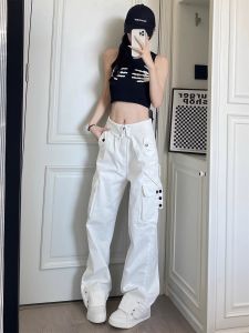 กางเกงทำงานสีขาวหลวมๆ ทรงตรงสำหรับผู้หญิง ฤดูใบไม้ผลิและฤดูใบไม้ร่วง สไตล์อเมริกัน ทรงหลวม ทรงตรง ทรงสลิม แฟชั่น