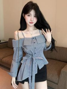 GUZILIAN | Áo sơ mi kẻ caro không đều kiểu Pháp dành cho nữ tay dài vừa vặn eo gợi cảm mùa thu phong cách mới thiết kế vai một chữ
