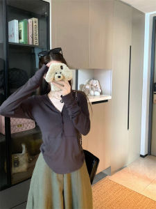 Kumikumi Casual Solid Color Hooded Long Sleeve T-Shirt Womens Autumn Winter Versatile Retro Slimming Base Layer Top