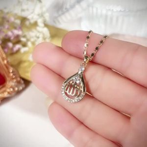 Huitan Alah Thiết Kế Màu Vàng Mặt Dây Chuyền Vòng Cổ Cho Nữ Quý Phái Tôn Giáo Hồi Giáo Trang Sức Giọt Nước Đính Đá Cubic Zirconia Cho Đảng