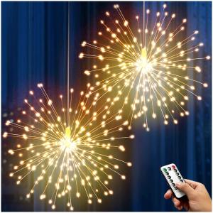 Fireworks Lights 200pcs LED Copper Wire Starburst Lights 8 Modes Battery Powered Fairy Planet Lights with Remote Control Warm White Hanging Ceiling Decor for Bedroom Christmas Party