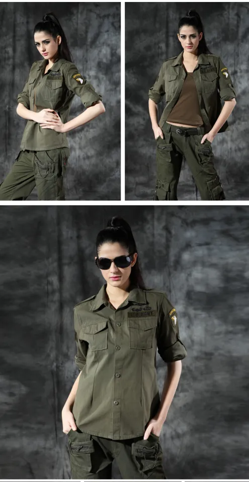 Spring and autumn workwear for women, camouflage clothing, long-sleeved T- shirts, loose slimming tops, short jackets, casual military green jackets