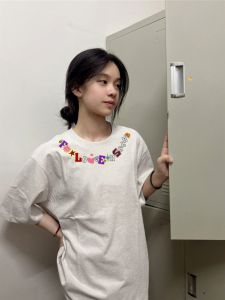 เสื้อยืดผ้าฝ้ายหลวมสําหรับผู้หญิงฤดูร้อนพิมพ์ Workwear สไตล์ความยาวกลางแขนยาว Crewneck เสื้อสวมหัว