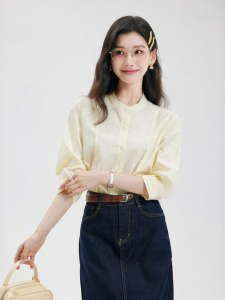 Yellow Womens Round Neck French Style Professional Shirt