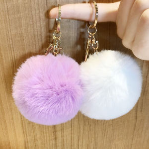 Adorable 8CM Fox Rabbit Fur Keychain Fashionable Faux Fur Bag Charm Plush Key Holder Decoration Cute Spherical Hanging Ornament
