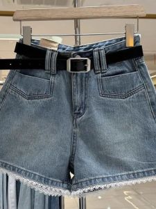 Quần Short Denim Ren Cạp Cao Cho Nữ Mùa Hè Phong Cách Mới Cỡ Lớn Quần Ống Rộng Chữ a Giúp Thon Gọn