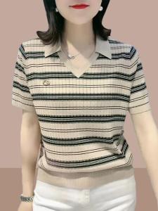 Shalldoer | Cotton and Icy Silk Womens T-Shirt Leisure Mom Wear Stripe Design