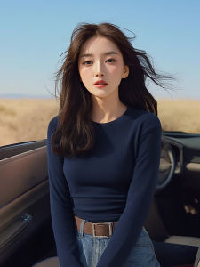 เสื้อยืดคอกลมแขนยาวทรงสลิมฟิตสำหรับผู้หญิง ฤดูใบไม้ร่วง 2024 ทรงพอดีตัว สไตล์ลำลอง สีสันสดใส คอกลม แขนยาว ปกติ