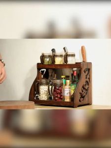 THAILUCKY ชั้นวางเครื่องปรุงไม้ มีช่องเสียบมีด วางอเนกประสงค์ แกะลายทั้ง2ข้าง