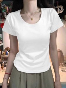 Summer Short Sleeve Pure Cotton U-Neck T-Shirt Womens Design Sensation Slim Fit High Waist Short Style Sweet And Spicy Girl