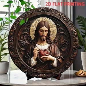 CIFbuy | Tấm Bảng Kim Loại Treo Tường Hình Trái Tim Chúa Giêsu 6x6 - Trang Trí Nhà Cửa Văn Phòng Tôn Giáo Tác Phẩm Nghệ Thuật Kim Loại Hình Tròn